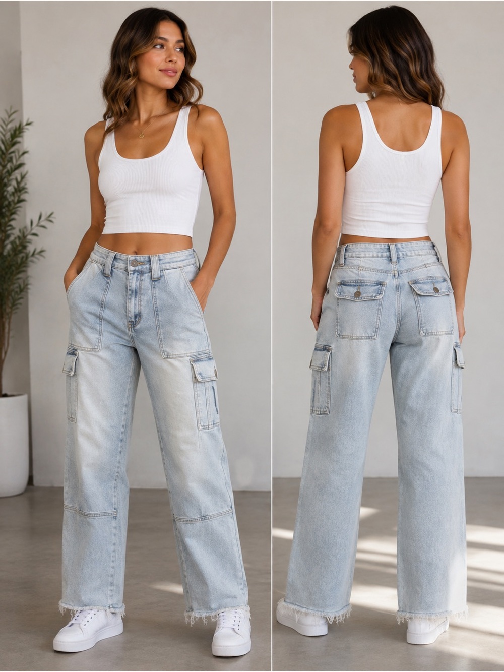 Kancan Light Wash Cargo Wide-Leg Jeans - light blue